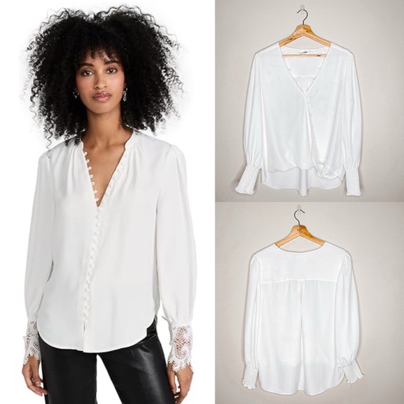 L'AGENCE Enzo Surplice V-Neck Smocked Cuff Blouse in Ivory White Size Medium - Picture 1 of 9